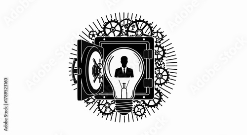 Illuminated idea protected within a secure vault, symbolizing innovation and safeguarding valuable concepts.