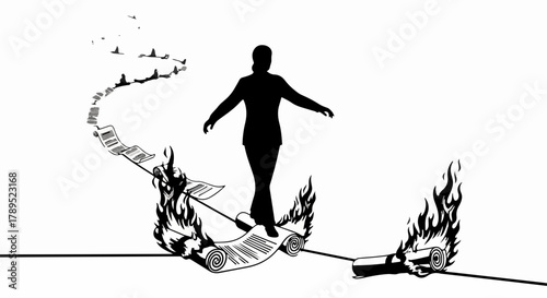 Silhouette of a person balancing on a tightrope made of paper, with flames on either side.