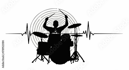 Silhouette of a drummer playing with energy, heartbeat pulse integrated with sound waves.