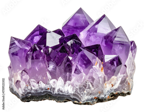Deep purple amethyst cluster, crystal points, geode base