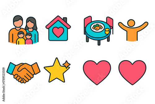 Family Life Icons. Family Life Symbols modern flat icons set: parents, children, home heart, table meal, open arms, handshake, star sparkle, heart