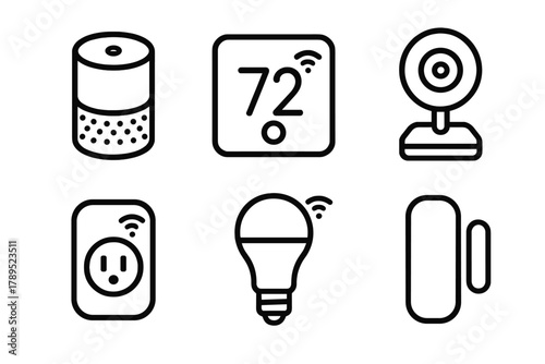 Smart Home Icons. Smart Home Devices linear icon set: smart speaker, smart thermostat, security camera, smart plug, connected light bulb, door sensor.