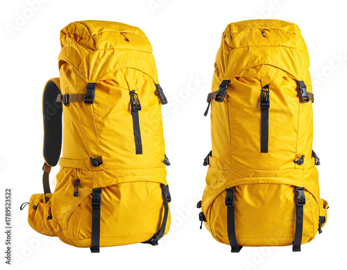 Large yellow hiking backpack, shown in two different angles