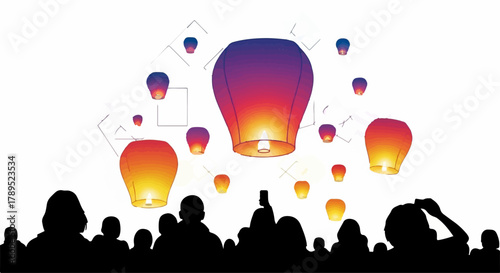 People watch colorful lanterns float into the night sky, creating a magical and celebratory atmosphere.