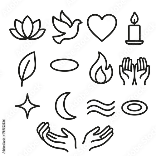 Spiritual Icon Collection. Spiritual Unity linear icon set: lotus flower, dove, heart, candle, leaf, aura ring, flame, hands circle, star, moon, wave, ripple. , .