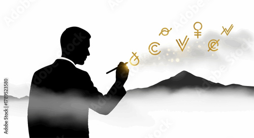 Man in silhouette conjures cryptocurrency symbols with glowing brush over misty mountains