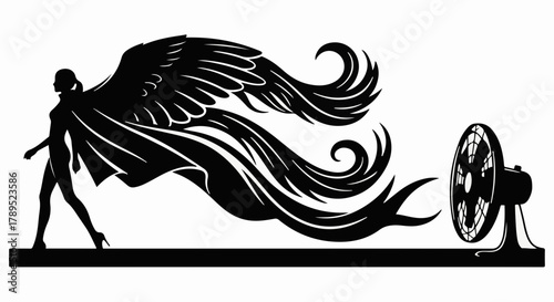 Silhouette of a winged figure with flowing cape being blown by a strong wind from a fan.