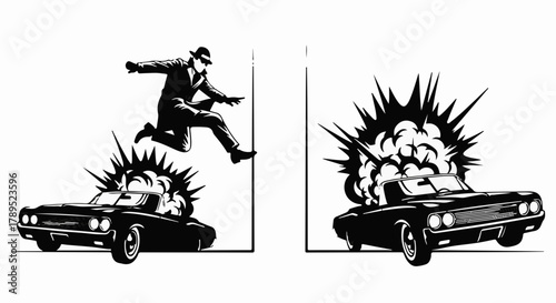 Dramatic comic book style illustration of a man leaping over an exploding car.