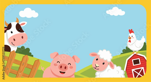Friendly cartoon farm animals peeking from a cheerful rural landscape with green hills and a red barn, ideal for children's themes