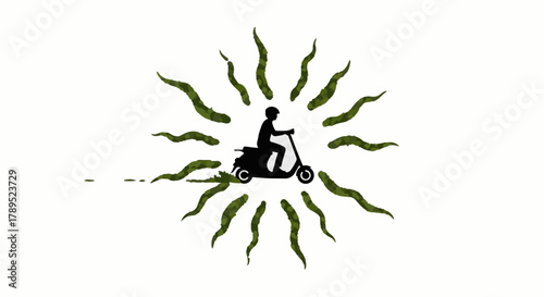 Silhouette of person riding electric scooter with sunburst background, representing eco-friendly travel