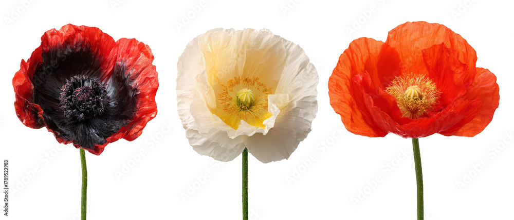 Obraz premium A vibrant display of three distinct poppy flowers showcasing red, white, and orange petals with intricate details, set against a clean black background, ideal for floral-themed designs