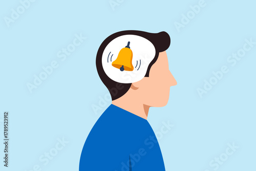 Flat illustration of man with ringing bell inside his head symbolizing alertness self awareness reminder and mindfulness
