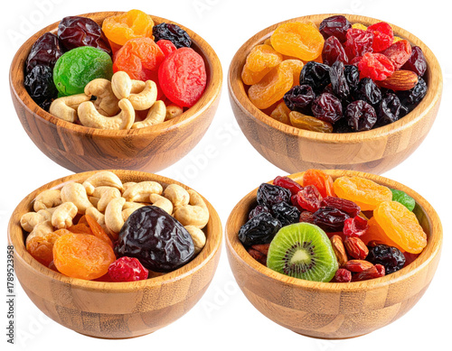 Four wooden bowls filled with assortments of nuts and dried fruit