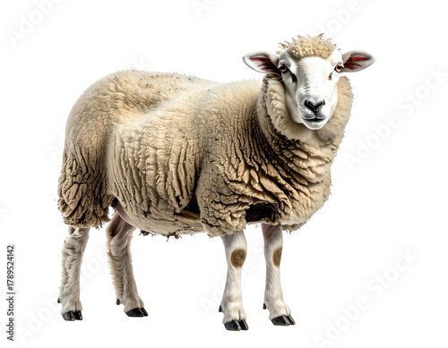 Woolly sheep, facing forward, isolated, detailed