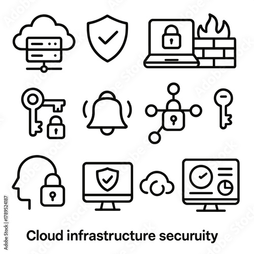 Cloud Security Icons. Cloud Infrastructure Security linear icon set: cloud server, shield emblem, secure laptop, firewall icon, encryption key, alert bell, data network, privacy