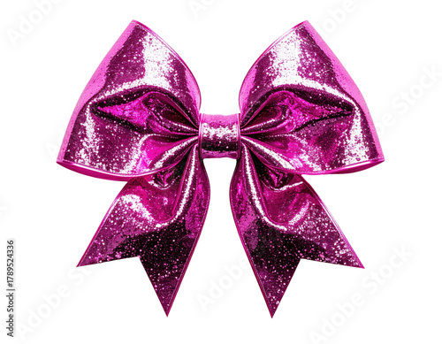 Shimmering pink metallic fabric bow against stark black backdrop