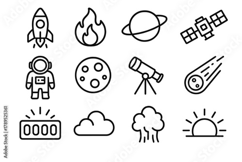 Astronaut Launch Icons. Astronaut Launch linear icon set: rocket, flame, smoke, astronaut, satellite, planet, moon, telescope, comet, countdown timer, cloud, light rays.