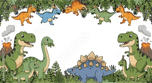 Dynamic Cartoon Dinosaur Frame Design with a Variety of Prehistoric Creatures in a Lush Jungle Habitat Border for Creative Kids Projects