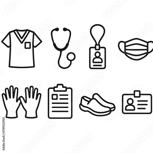 Medical Uniform Icons. Medical Uniform Collection linear icon set: scrub top, stethoscope, badge, mask, gloves, clipboard, shoes, ID card.