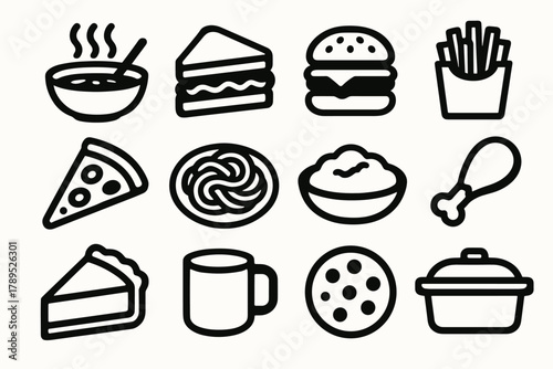 Brutalist Comfort Food Icons. Comfort Food silhouette icon set: soup bowl, sandwich, burger, fries, pizza slice, pasta plate, mashed potatoes, chicken drumstick, pie slice, mug,
