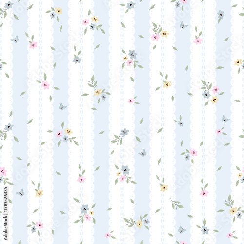 Delicate Pastel Floral and Butterfly Seamless Pattern on Scalloped lace Stripes. Perfect for fabric, wallpaper, gift wrapping, stationery, and baby apparel.