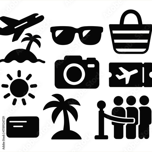 Brutalist Vacation Icons. Vacation Flight silhouette icon set: airplane over island, sunglasses, camera, beach bag, sun, palm tree, ticket, boarding queue.