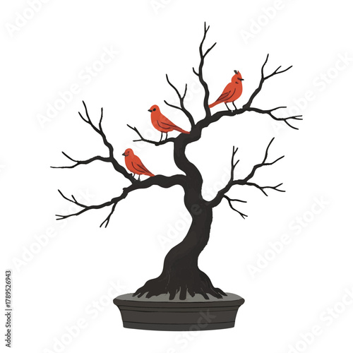 Ink wash painting of birds on a leafless bonsai tree in a pot. Traditional oriental ink painting sumi-e, u-sin, go-hua. Translation of hieroglyph - zen.