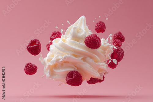Raspberries And Whipped Cream Splash On Pink Background  
