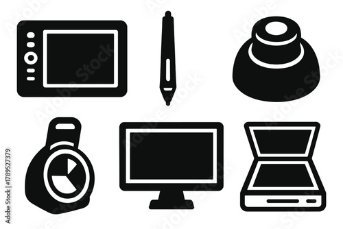 Brutalist Icon Set. Creative Peripherals silhouette icon set: drawing tablet, stylus pen, 3D mouse, color calibration tool, external display, photo scanner.