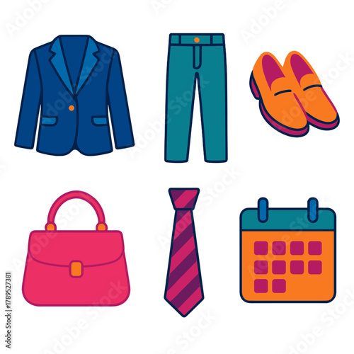 Modern Workday Icons. Workday Looks flat icons: blazer, trousers, shoes, handbag, tie, calendar.