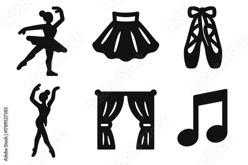Bold Ballet Icons. Ballet Dance silhouette icon set: ballerina, tutu skirt, pointe shoes, graceful pose, stage curtain, classical music note.