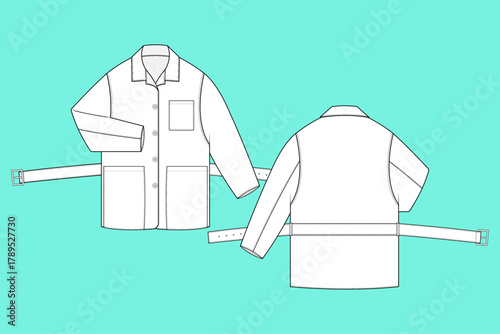 Unisex Utility Chore Coat with Belted Back Detail Technical Fashion Flat Sketch Template.