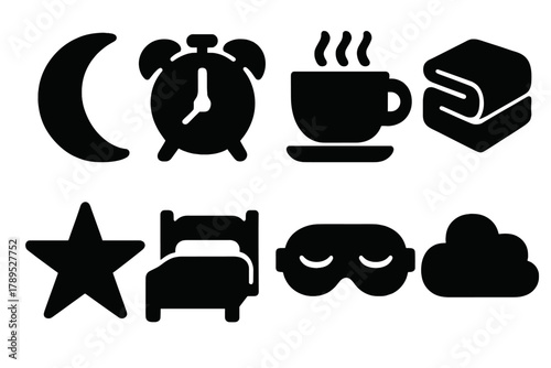 Brutalist Sleep Icons. Sleep Routine Icons silhouette icon set: moon, alarm clock, tea cup, blanket, star, bed, mask, cloud.