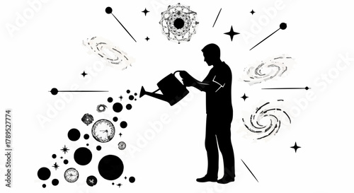 Man watering galaxies and clocks, symbolizing creation and time management.