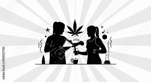 Two people preparing cannabis infused drinks with a marijuana leaf emblem