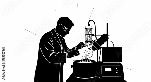 Scientist in lab coat conducting experiment with distillation apparatus