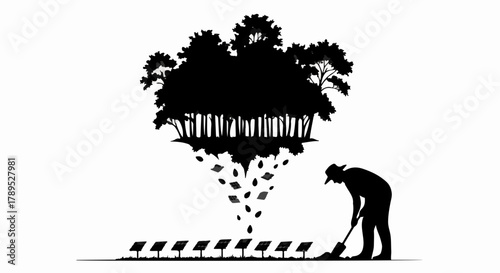 Silhouette of a person sweeping leaves from solar panels beneath a floating forest.