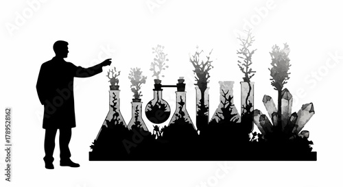 Scientist examining growing plants and crystals in laboratory glassware, symbolizing research and discovery.