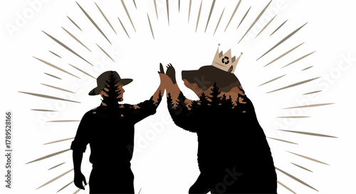 Man and bear in silhouette give a high five, celebrating victory and nature's spirit