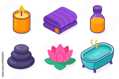 Isometric Spa Icons. Spa Relaxation modern flat icons set: Candle, Towel, Essential Oil, Pebbles, Lotus Flower, Bath.