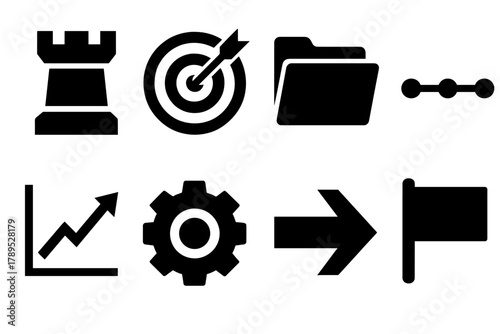 Brutalist Strategy Icons. Corporate Strategy Collection silhouette icon set: chess rook, target, folder, timeline, graph, gear, arrow, flag.