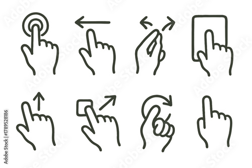 Hand Gesture Icons. Touch Interactions outline icons: hand tap icon, swipe left gesture, pinch open, screen touch, finger scroll, drag element, rotate gesture, hold action.