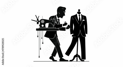 Skilled tailor meticulously crafting a custom suit on a mannequin with a vintage sewing machine.