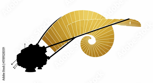 Abstract golden spiral unfurls from a dark, intricate mechanical form against a white background.