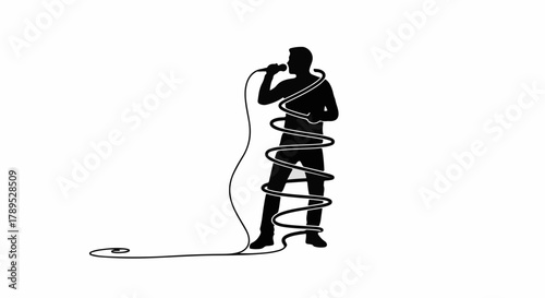 Silhouette of a singer entangled in microphone cable, symbolizing creative struggle or performance anxiety.