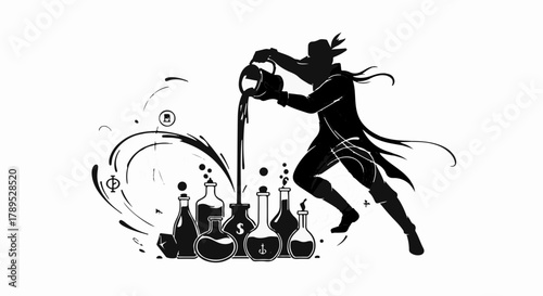 Mysterious alchemist pouring dark liquid into bubbling potions, creating magic.