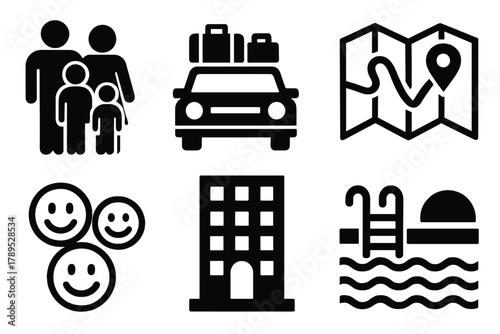 Family Vacation Icons. Family Vacation silhouette icon set: family group, car with luggage, picnic basket, map, smiling faces, hotel building, swimming pool, sunset.