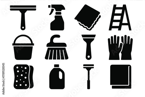 Brutalist Window Cleaning Icons. Window Cleaning Tools silhouette icon set: squeegee, spray bottle, microfiber cloth, ladder, bucket, brush, scraper, gloves, sponge, detergent,