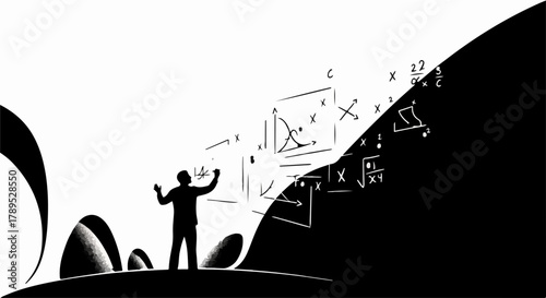 Visionary scientist contemplates complex equations and abstract concepts in a dramatic black and white setting.