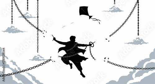 Silhouette of a person breaking free from chains, flying a kite towards the sky.